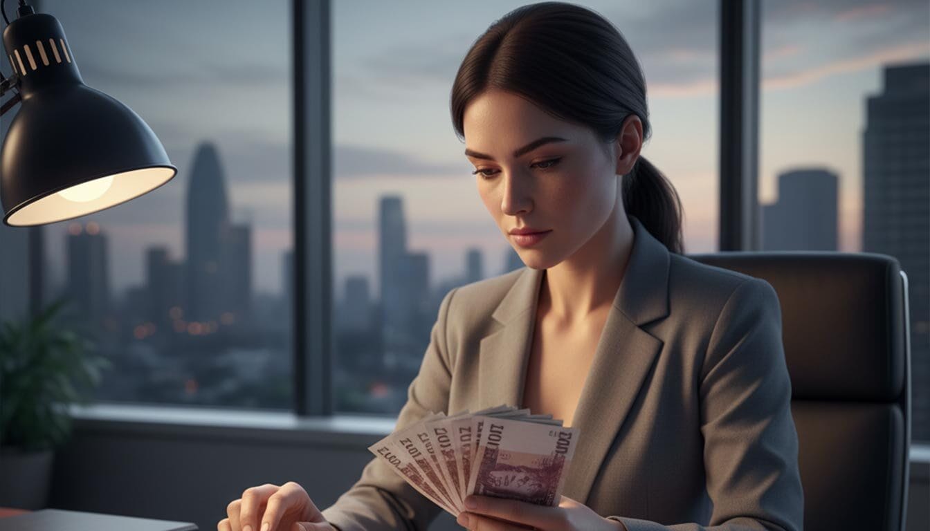 The image depicts a person intently reading a document about UK business visa requirements, surrounded by notes and a laptop. The text highlights various visa options such as the UK expansion worker visa and global talent visa, essential for overseas businesses looking to engage in permitted business activities in the UK.