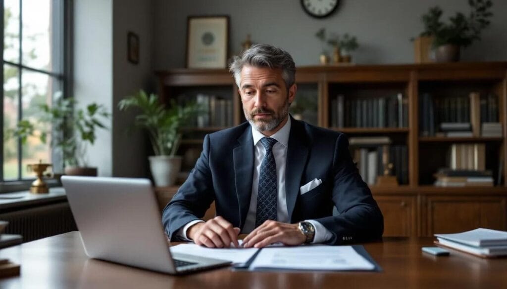 A lawyer is reviewing documents related to "HMRC Enforcement, Risk Areas, and Audit." The environment reflects a professional atmosphere, emphasizing the lawyer's significant influence in navigating the complexities of tax purposes and the rules governing limited liability partnerships.