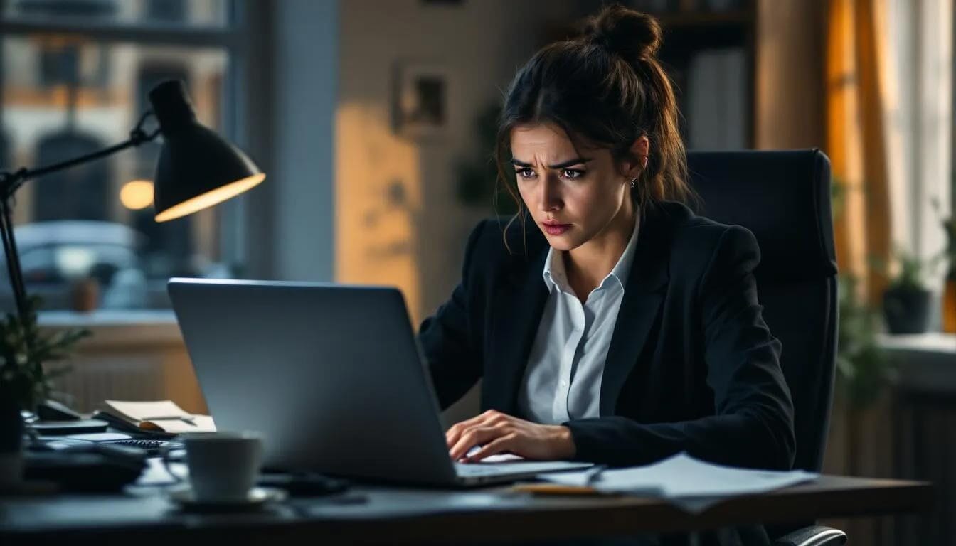A worried individual is sitting at a desk, surrounded by documents related to UK visa applications, including various fees and costs such as the immigration health surcharge and application fees. Their expression reflects concern about hidden visa costs and the complexities of the application process for 2026, as they review information from a government website.