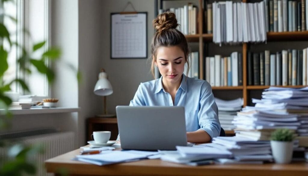 A person is sitting at a desk, carefully organizing various documents needed for their immigration application, including forms related to the immigration health surcharge and visa application fee. The scene conveys a sense of preparation and determination as they gather essential paperwork for their UK visa process.