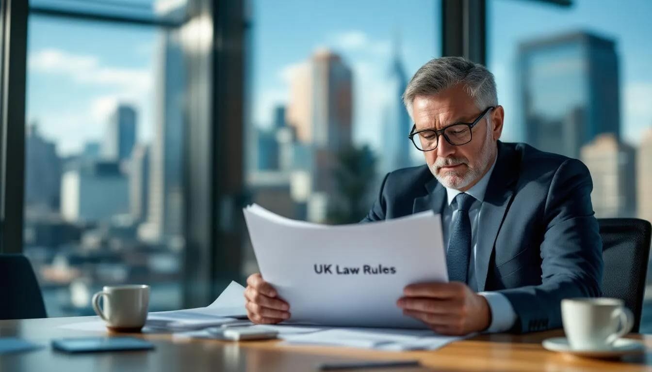 A salaried member is depicted reading a document about the rules governing limited liability partnerships (LLPs) in the UK, focusing on topics such as capital contributions and the implications of the salaried member rules for tax purposes. The image conveys a sense of seriousness as the individual engages with the statutory and contractual framework that influences their role within the partnership.