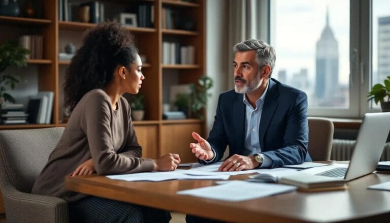 The image depicts a lawyer and an immigrant engaged in a conversation about the "UK Immigration Health Surcharge Refund Process." They are seated at a table with documents and a laptop, discussing the eligibility criteria for a full or partial refund of the immigration health surcharge paid by visa applicants.