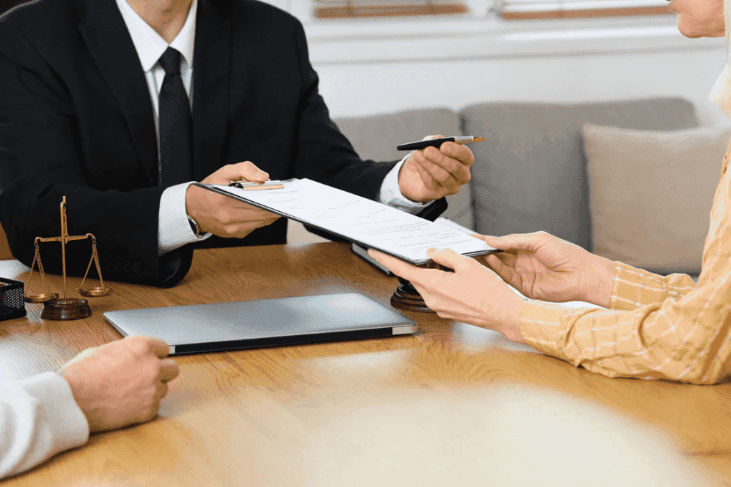 Client signing EU Settlement Scheme application papers with solicitor.