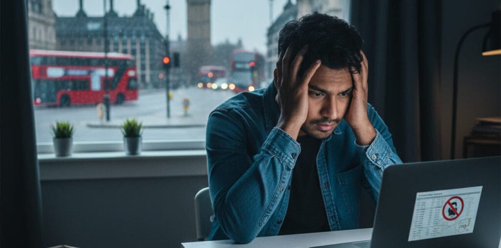 Person sitting at a desk in London, appearing distressed while viewing a laptop screen showing a passport restriction symbol. The desk holds papers, a Union Jack flag, and a notice with a travel ban icon, suggesting frustration over immigration or visa issues. Big Ben and red double-decker buses are visible through the window, reinforcing the UK setting.)Relocating with Remote Work