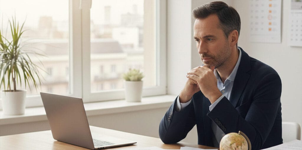 (A man seated at a desk in a modern office, thoughtfully viewing a laptop screen, surrounded by items including a globe, smartphone, eyeglasses, and a book titled "International Tax Law" suggesting professional work or study in global finance or legal analysis.)