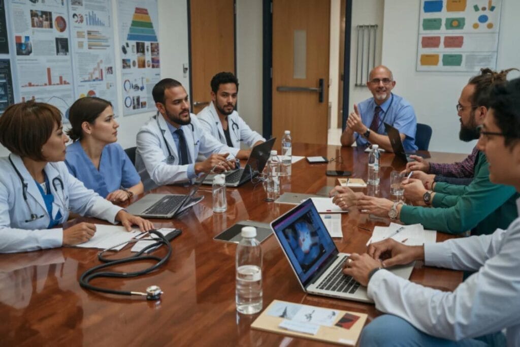 (A diverse group of medical professionals collaborating in a meeting room, illustrating workplace integration and professional networking in the UK healthcare sector.) Immigration Challenges