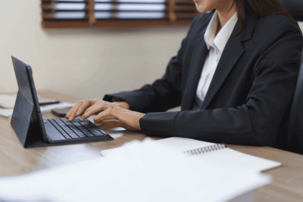 Immigration lawyer working on a laptop, researching ILR 10 year route guidance