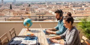 (Two people working on laptops at a rooftop table with a city skyline in the background, surrounded by travel items including a globe, passport, boarding pass, and open suitcase, illustrating remote work and digital nomad lifestyle.)