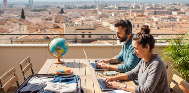 (Two people working on laptops at a rooftop table with a city skyline in the background, surrounded by travel items including a globe, passport, boarding pass, and open suitcase, illustrating remote work and digital nomad lifestyle.)