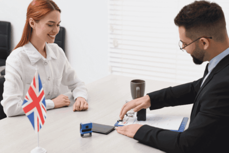 UK Skilled Worker visa interview and eligibility check with an official.