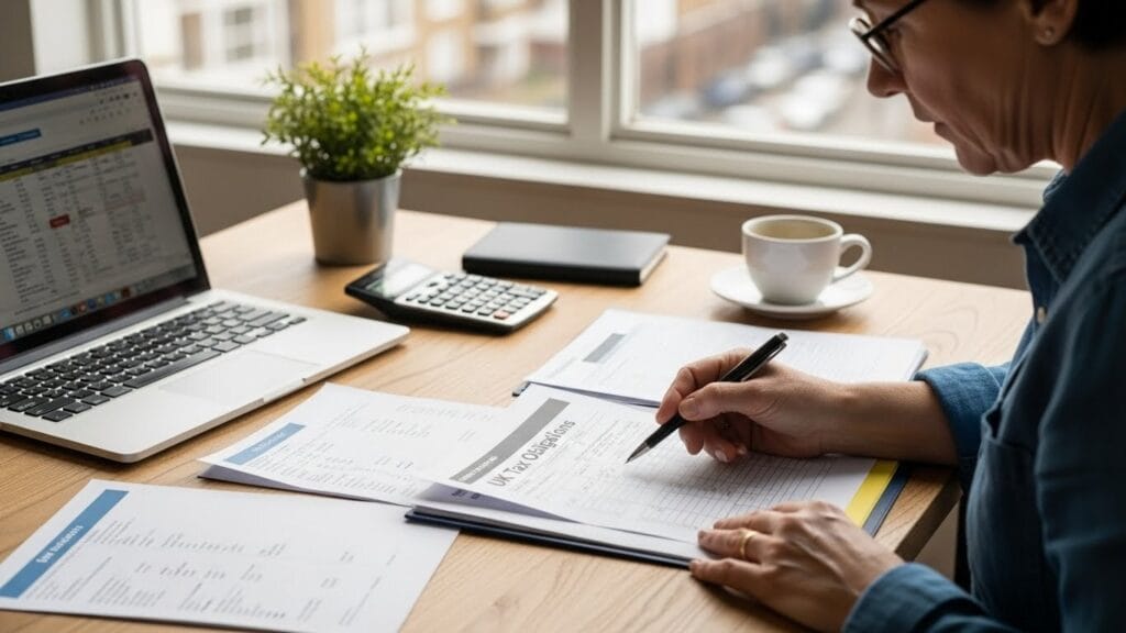 Person seated at a desk, intently reviewing financial documents alongside a laptop, assessing their UK tax obligations.
