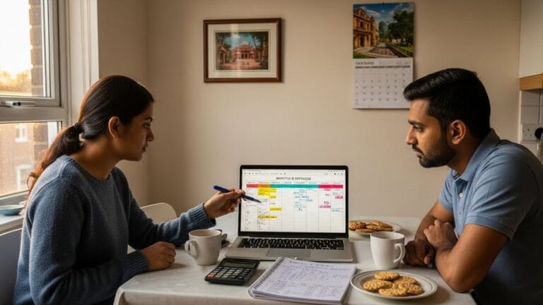 Immigrant couple in the UK reviewing monthly budget and expenses chart for planning UK living costs.