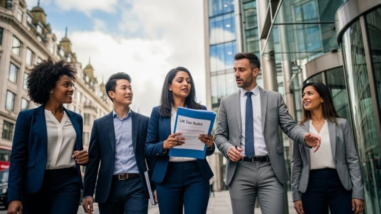 A diverse group of professionals confidently walking into a modern office building in London discussing UK tax rules.
