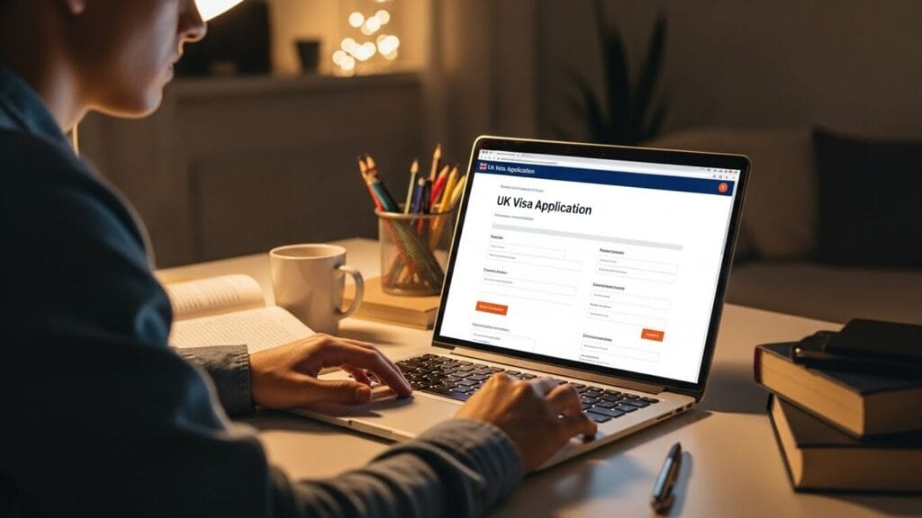 Student filling out an online post study work visa UK visa application form on a laptop.