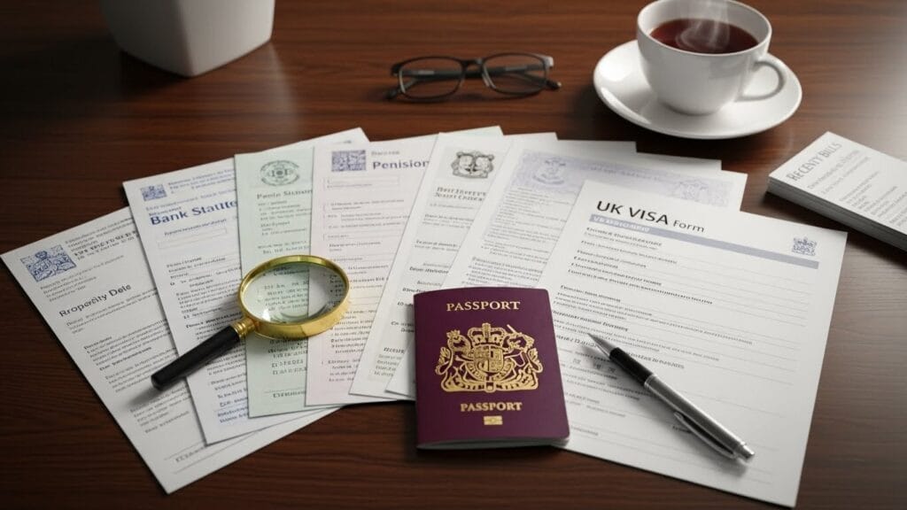 (Required visa application documents related to senior immigration UK laid out on a desk)Required visa application documents related to senior immigration UK laid out on a desk
