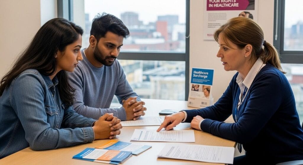 Migrant couple discussing NHS healthcare rights with a hospital administrator regarding healthcare surcharge.