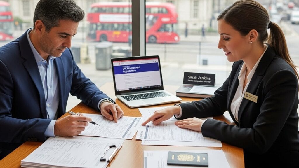 Overseas senior professional completing UK visa application with immigration adviser for senior immigration UK