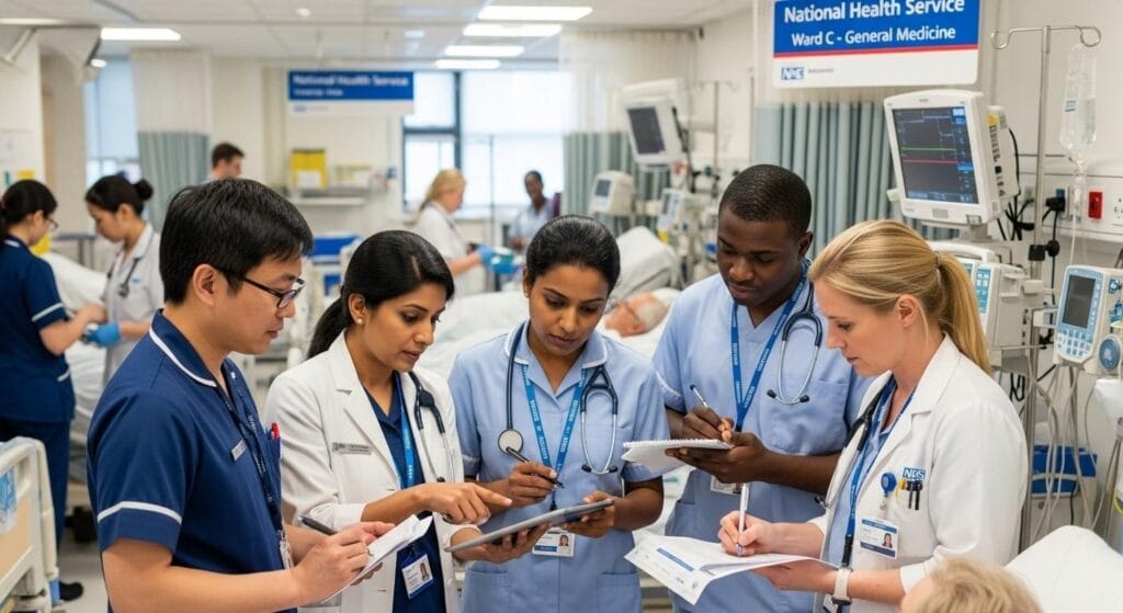 NHS doctors and nurses of diverse nationalities working together in a UK hospital, highlighting migrant contributions to the NHS workforce.(immigration impact on nhs )