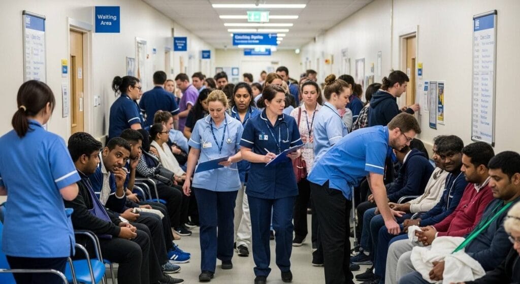 NHS hospital corridor filled with patients and staff, showing healthcare demand and increased waiting times for immigrants and British citizens.