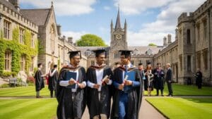 International students walking on a UK university campus after graduating and talking about career pathways.