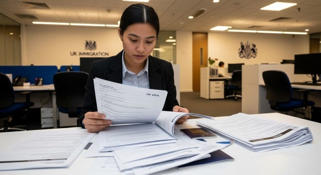 Applicant reviewing UK visa documents at an immigration office to prepare for a UK immigration interview.)Prepare for Your UK Immigration Interview