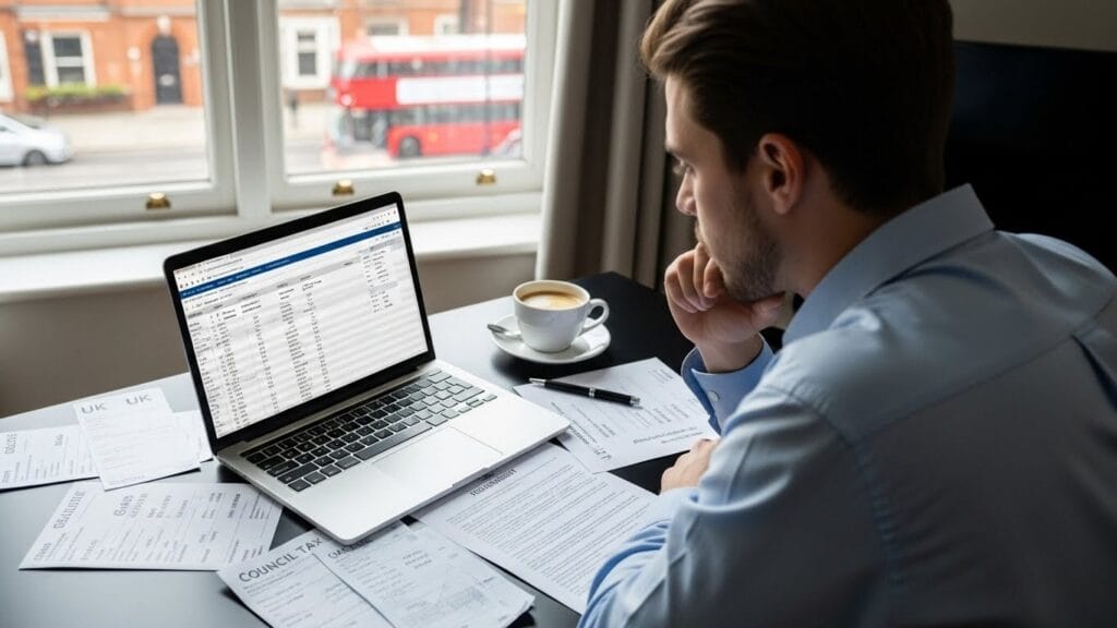 Young professional in London calculating UK living costs on laptop with bills and rent on desk.