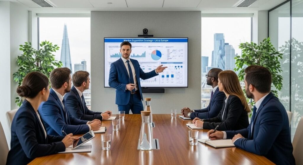 (A professional entrepreneur in a modern UK office presenting a business plan, covering the Innovator Founder visa requirements.)uk innovator founder visa changes