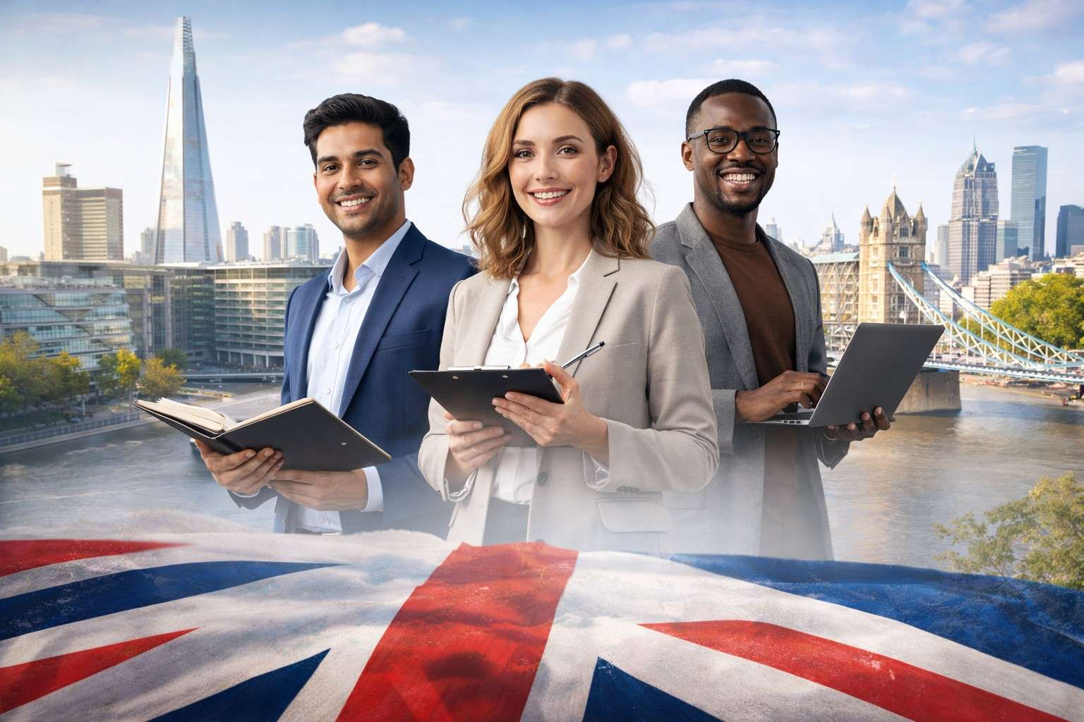 (Three professional entrepreneurs standing confidently in front of the London skyline, symbolising opportunities under the UK Innovator Founder visa 2026.)uk innovator founder visa changes