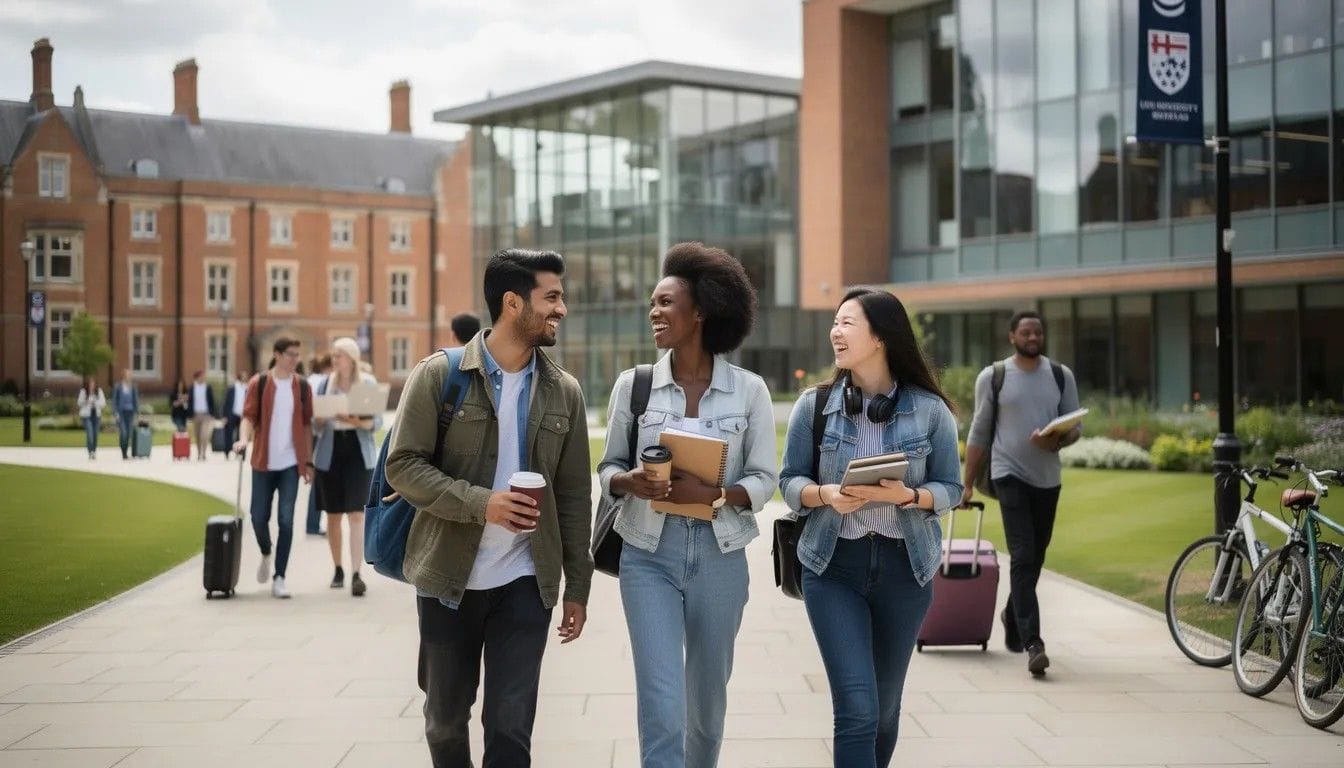 Group of diverse international students walking together in a UK university campus, showcasing the opportunities under the new UK immigration rules for international students.