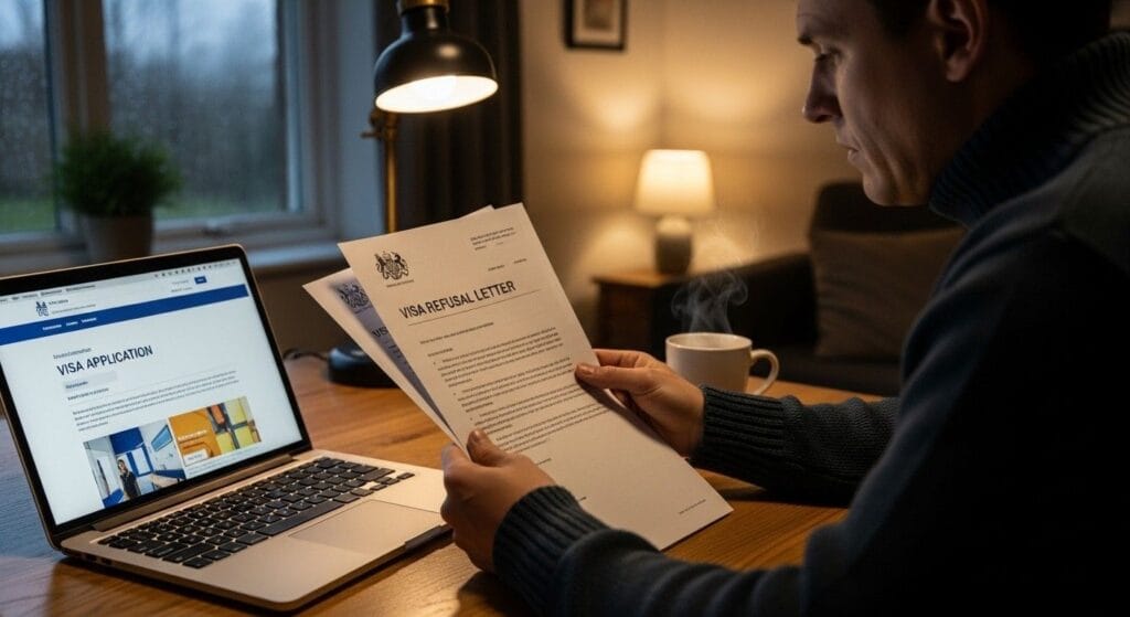 Photograph of a person reading and reviewing a UK visa refusal letter at home and preparing the fresh visa application.
