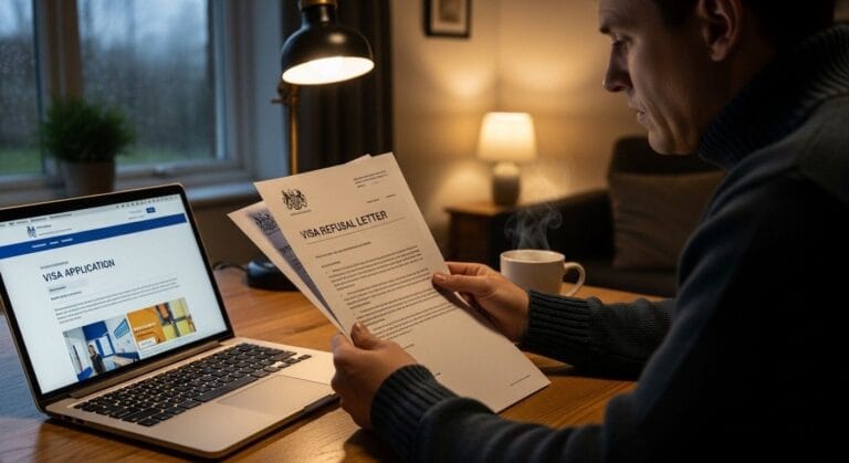 Photograph of a person reading and reviewing a UK visa refusal letter at home and preparing the fresh visa application.