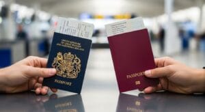 Dual citizen holding a British passport in one hand and a foreign passport in the other, illustrating dual nationality in the UK.