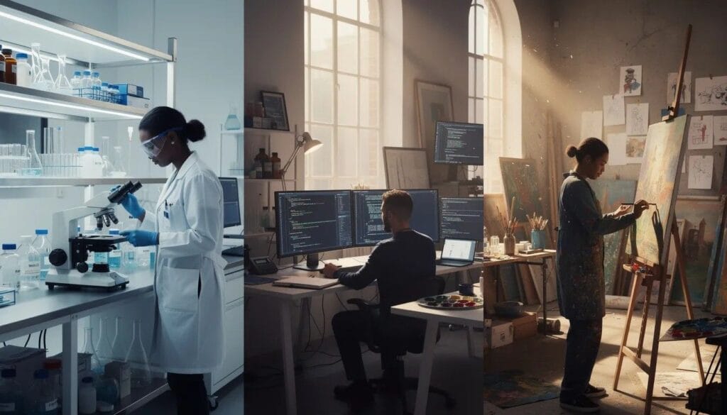 Diverse group of professionals eligible for global talent visa endorsement: a researcher conducting experiments, a developer working on a computer, and an artist painting in a studio.