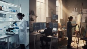 Diverse group of professionals eligible for global talent visa endorsement: a researcher conducting experiments, a developer working on a computer, and an artist painting in a studio.