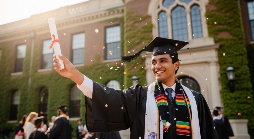 (Graduating student holding diploma outside a UK university, symbolising the Graduate Route and post-study work opportunities under 2026 immigration rules.) uk new immigration rules for international students