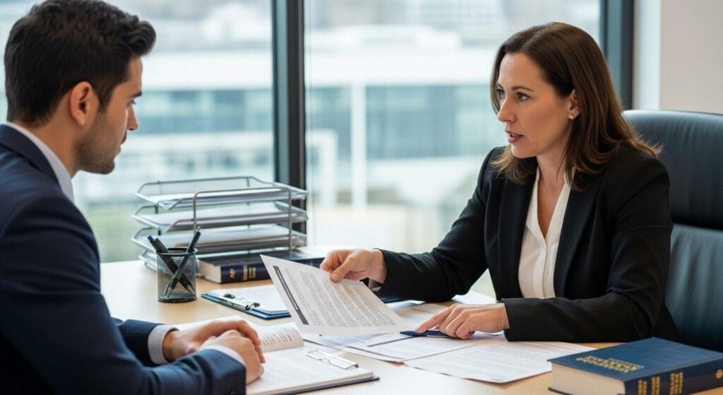 Person consulting with a UK visa refusal options with an immigration solicitor at an office desk, pointing at documents. 