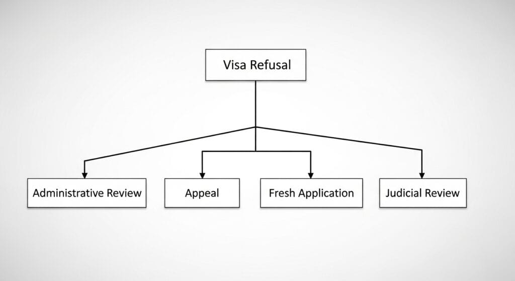 (Infographic with top node labeled “Visa Refusal” branching into: Administrative Review, Appeal, Fresh Application, Judicial Review, showing options after getting UK visa refusal.)chances of getting uk visa after refusal