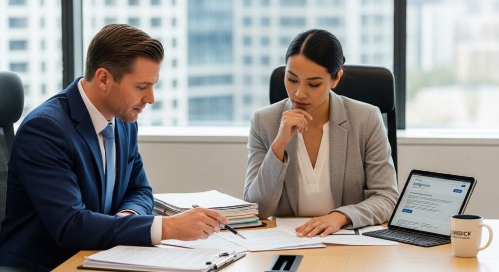 (Professional office consultation where two individuals are seated at a desk reviewing the global talent visa application process.)global talent visa endorsement