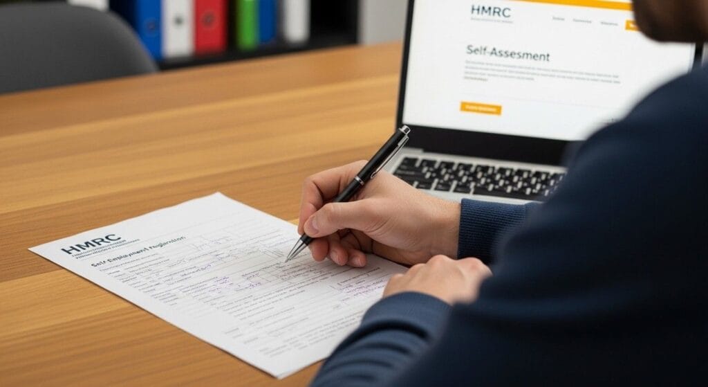 Person completing HMRC registration form on the laptop and following the process for self-employed registration in the UK.