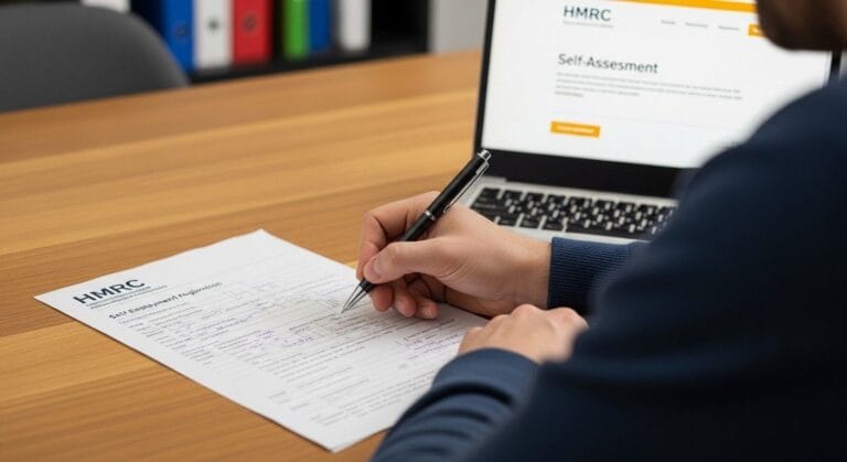 Person completing HMRC registration form on the laptop and following the process for self-employed registration in the UK.