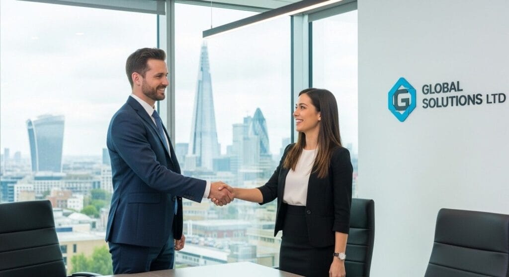 Small business owner registering as a sole trader or limited company in the UK, discussing business setup with a client.