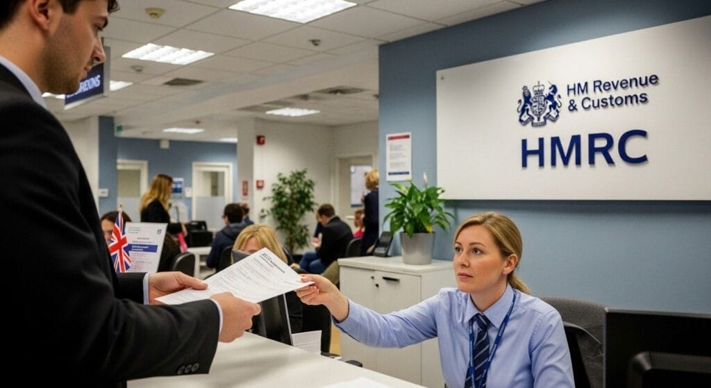 (A person submitting a tax form at a UK government office, symbolising legal responsibilities of dual citizens.)dual citizen