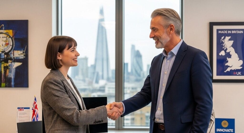 Entrepreneur shaking hands with a business mentor in an office, representing the support and assessment role of approved endorsing bodies for the Innovator Founder visa UK.
