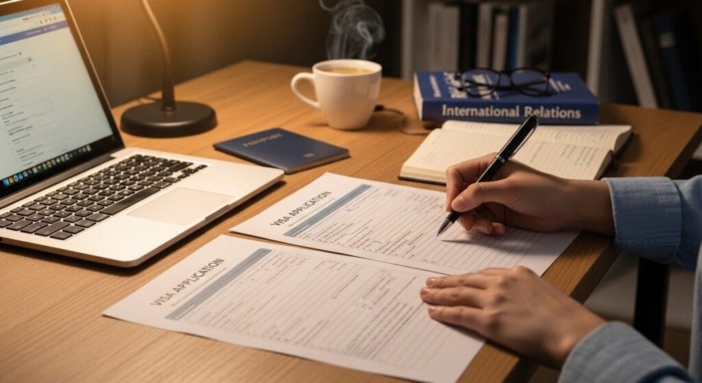 International student completing UK student visa application documents with passport and laptop, illustrating 2026 study visa requirements.