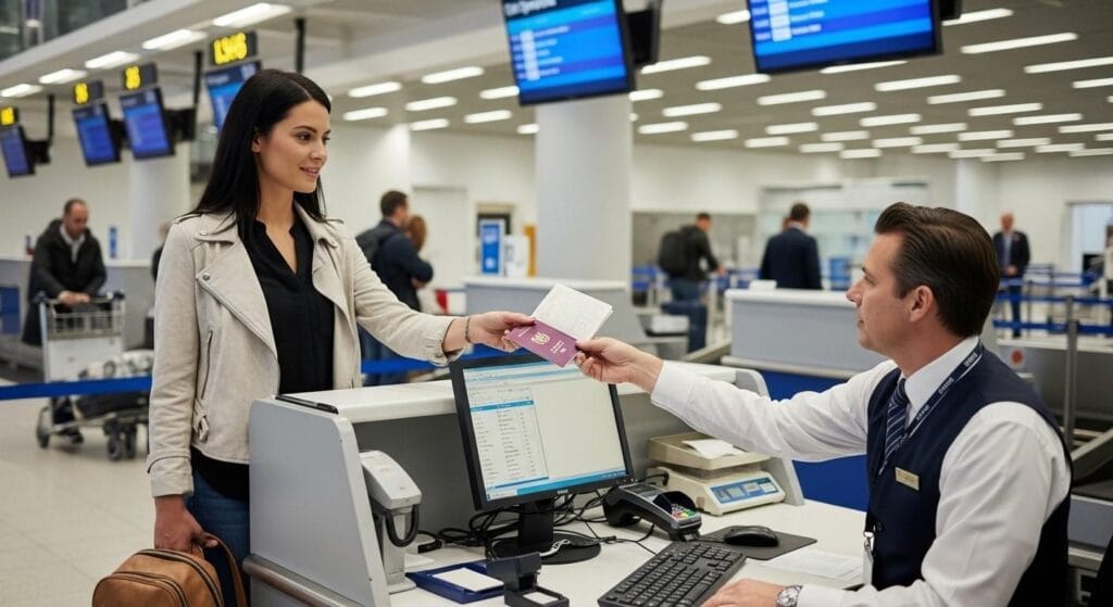 Dual citizen presenting British passport at airport check-in, illustrating travel compliance and avoidance of ETA issues.