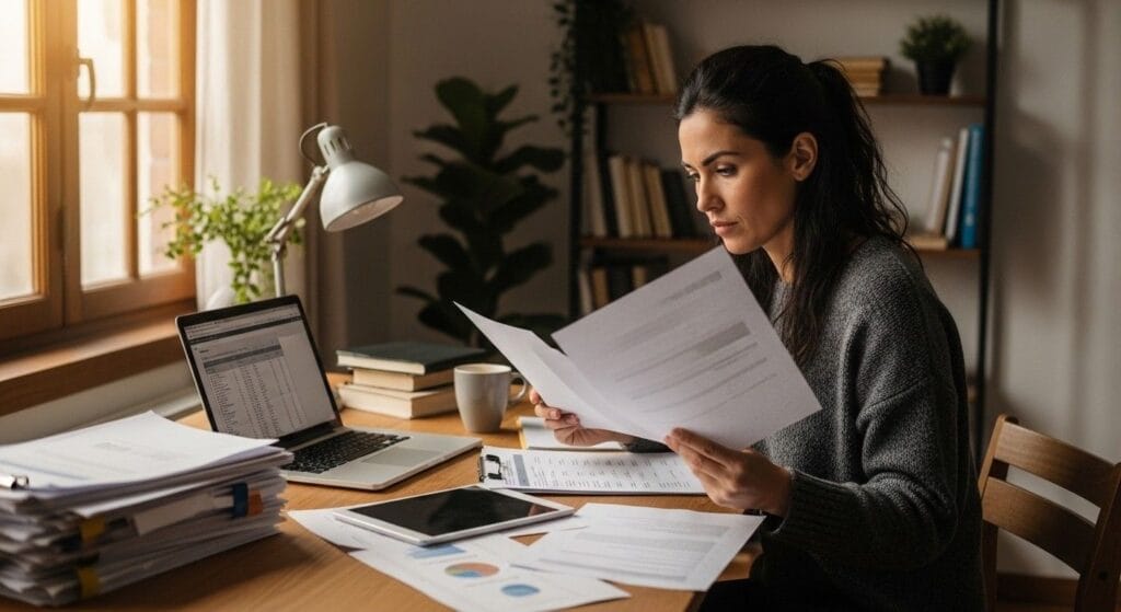(Freelancer working from home checking documents to determine if they need to register as self-employed with HMRC in the UK.)register as self employed
