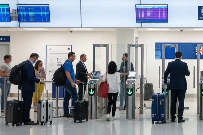 UK border control area featuring electronic gates where travellers, including EU citizens and non-EU citizens, are processing their entry, reflecting the post-Brexit immigration system.