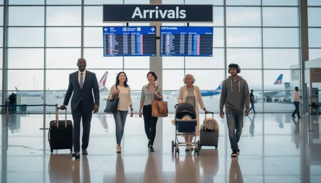 A diverse group of people, including men, women, and children, is seen walking through an airport arrivals hall, representing asylum seekers arriving in the UK.