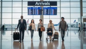 A diverse group of people, including men, women, and children, is seen walking through an airport arrivals hall, representing asylum seekers arriving in the UK.