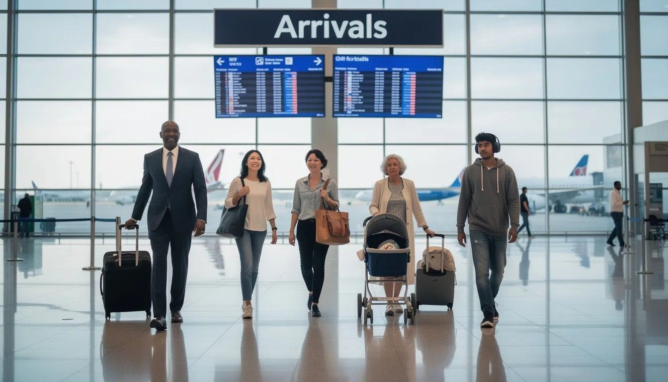 A diverse group of people, including men, women, and children, is seen walking through an airport arrivals hall, representing asylum seekers arriving in the UK.